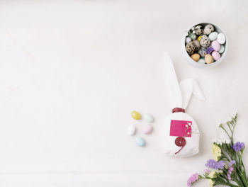 High angle view of multi colored candies on table