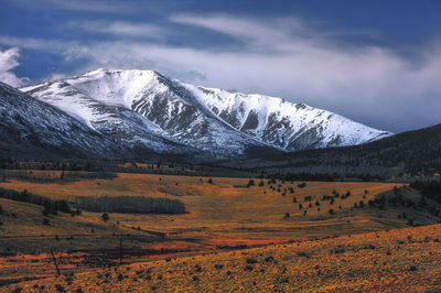 Scenic view of snowcapped mountains against sky