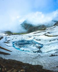 A beautiful frozen himalayan lake and snowcapped mountains