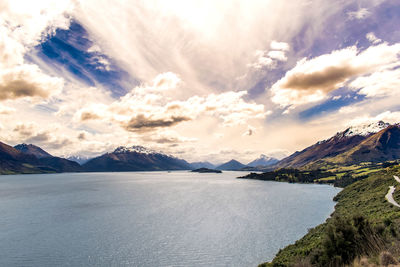 Scenic view of lake and mountains against sky