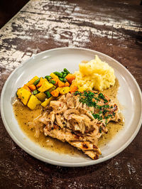 High angle view of food in plate on table