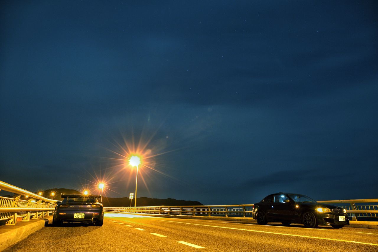 transportation, mode of transport, land vehicle, car, illuminated, night, sky, no people, road, outdoors, nature