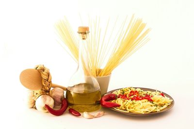 Close-up of pasta on table against white background