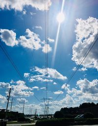 Low angle view of electricity pylon against sky