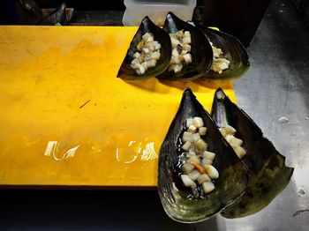 High angle view of dessert on table