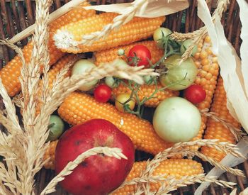 High angle view of fruits in basket