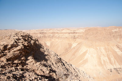 Scenic view of desert against clear blue sky