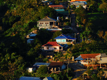 High angle view of houses in town