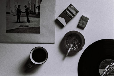 High angle view of coffee cup on table