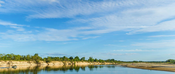 Scenic view of lake against blue sky