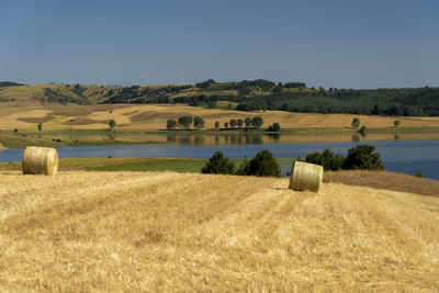 Hay bales on field against sky