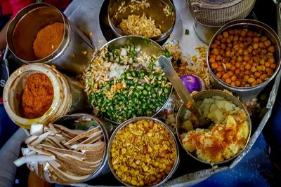High angle view of meal served on table
