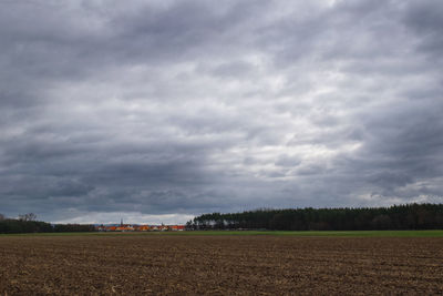 Scenic view of agricultural field against sky