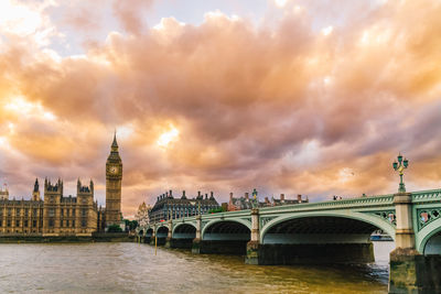 Bridge over river in city against cloudy sky