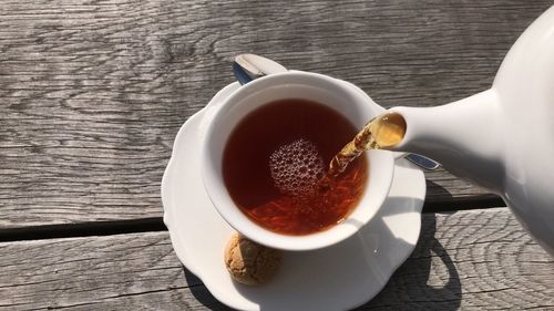 High angle view of coffee cup on table