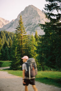 Rear view of man walking on road