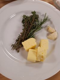 High angle view of pasta in plate on table