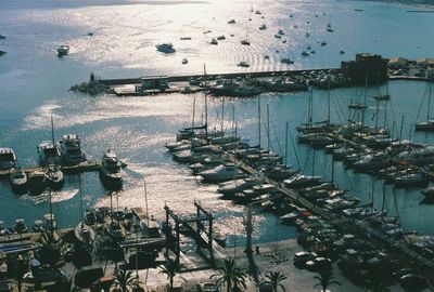 High angle view of boats moored at harbor