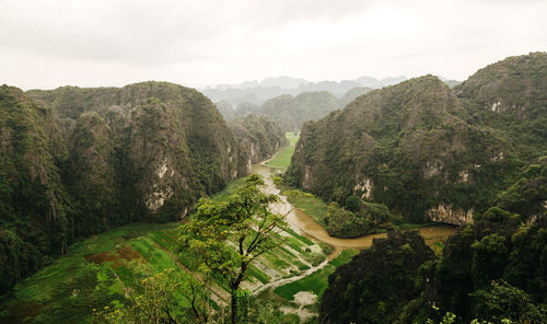 High angle view of mountains against sky