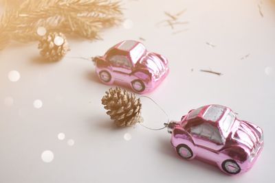 High angle view of christmas decorations on table