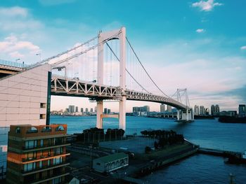 View of suspension bridge against cloudy sky