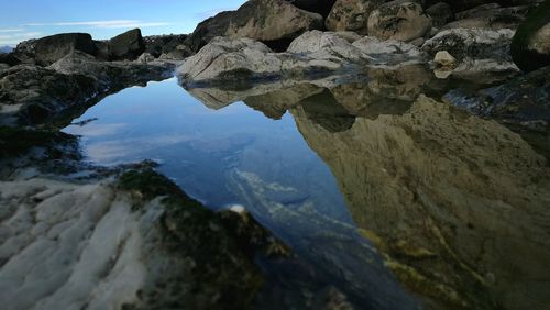 Scenic view of rocks and sea against sky