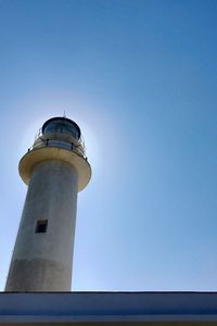 Low angle view of lighthouse against clear blue sky