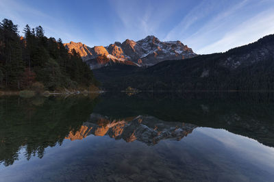 Scenic view of lake with mountain reflection against blue sky