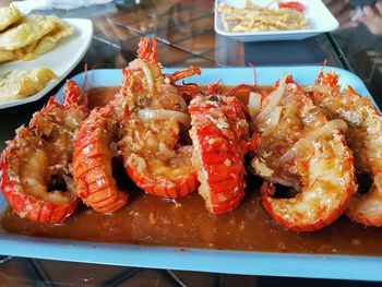 High angle view of seafood in plate on table