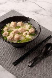 High angle view of meat in bowl