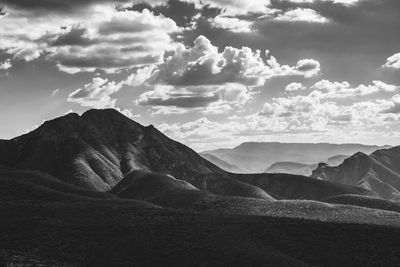 Scenic view of mountains against cloudy sky