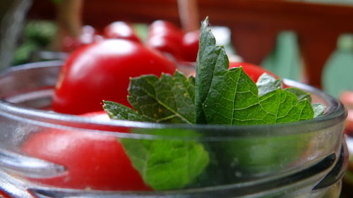 Close-up of tomatoes in glass jar