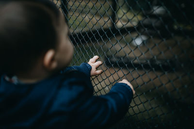 Rear view of boy looking through chainlink fence