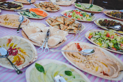 High angle view of meal served on table