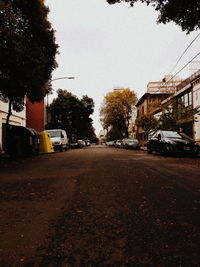 Road by trees in city against clear sky