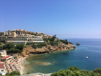 Scenic view of sea against clear blue sky