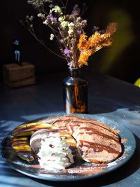 High angle view of dessert in plate on table