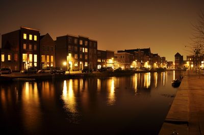 View of city lit up at night