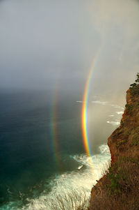 Scenic view of rainbow over sea against sky