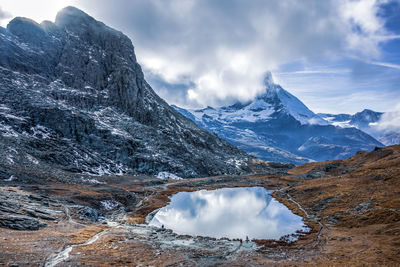 Panoramic view of matterhorn peak, switzerland. matterhorn reflection in the riffelsee.