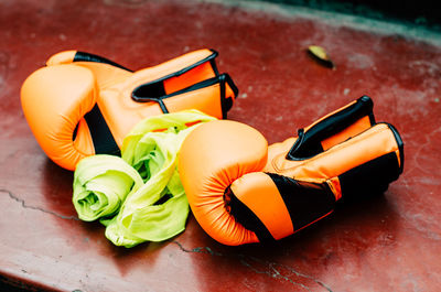 High angle view of multi colored shoes on table