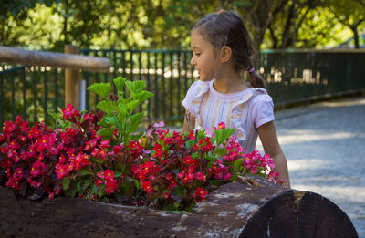 Rear view of girl looking at flowering plants