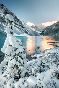 Scenic view of snow covered mountains against sky