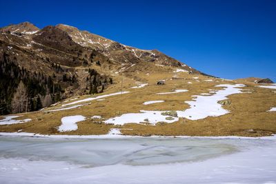 Scenic view of snowcapped mountains against clear blue sky