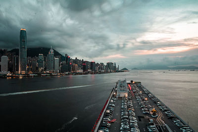 High angle view of city at sunset