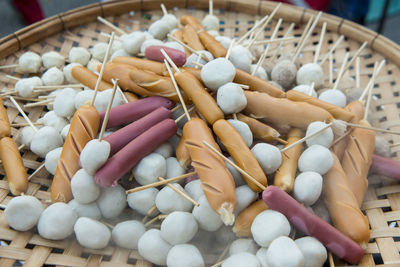 High angle view of eggs in basket