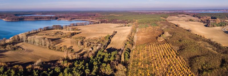 High angle view of land against sky