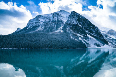 Scenic view of lake by mountain against sky