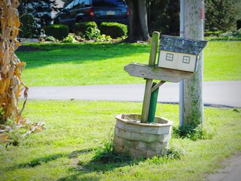 Sign board on tree trunk in park