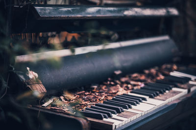 Close-up of autumn leaves on abandoned piano